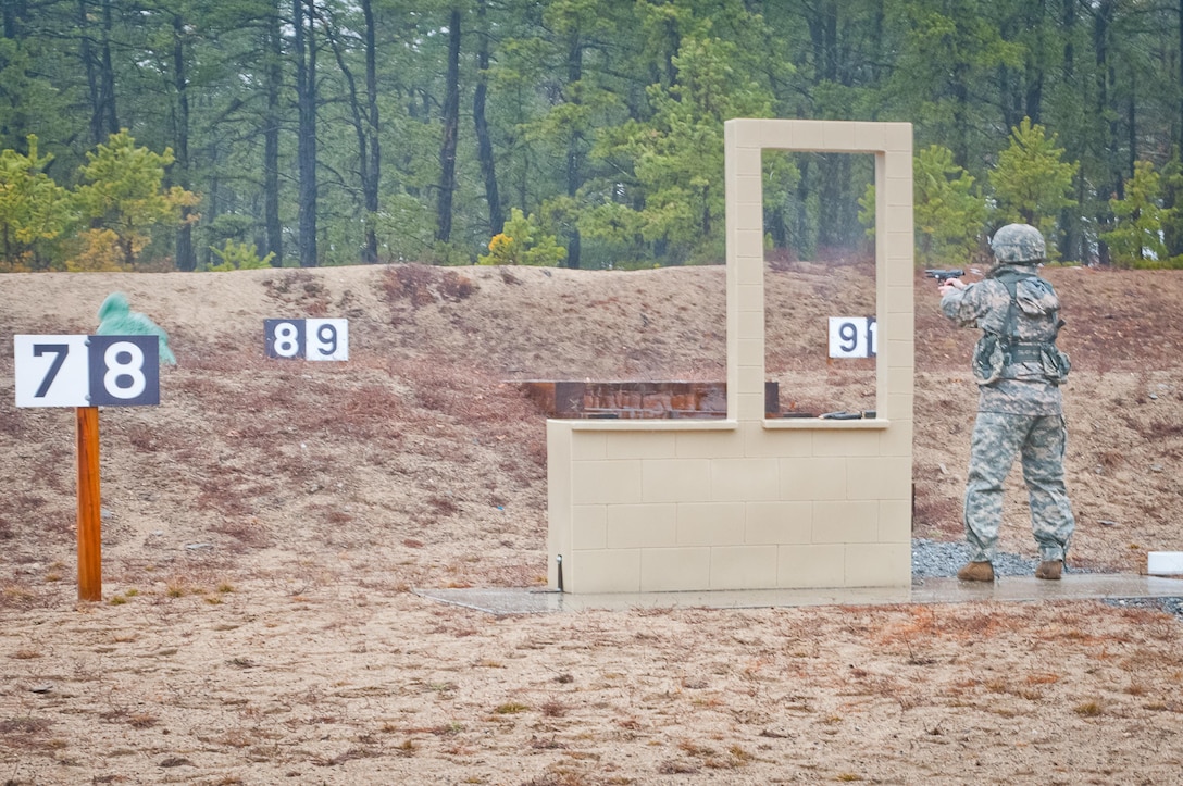 Soldier hits target during the marksmanship portion of the Best Warrior Competition at Fort Devens on April 4, 2017.