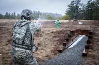 U.S. Army Staff Sgt. Joshua Deiss, a competitor in the 80th Training Command and 99th Regional Support Command’s Best Warrior Competition, fires an M9 pistol during a qualification range, here, April 4, 2017.