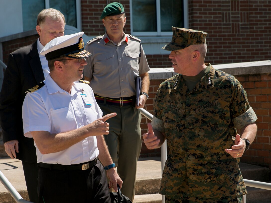 Lt. Gen. John E. Wissler, Commander, U.S. Marine Corps Forces Command, bids farewell to Royal Navy Rear Admiral Paddy McAlpine, Deputy Commander, Striking and Support Force, North Atlantic Treaty Organization, during a visit to Naval Support Activity Hampton Roads, Norfolk, Va., April 4, 2017. (U.S. Marine Corps photo by Sgt. Kayla D. Rivera/Released)
