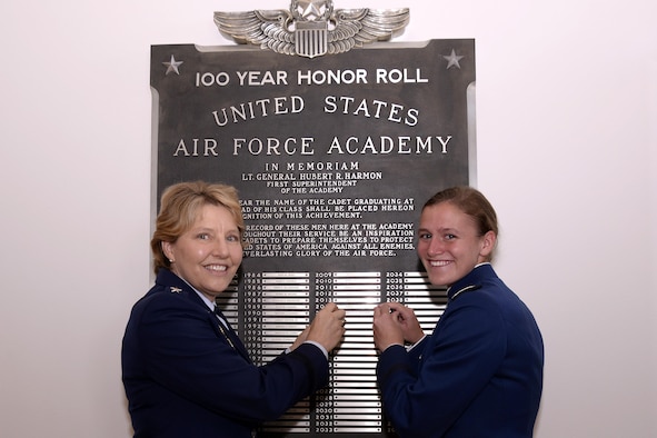 Lt. Gen. Michelle Johnson (left), the superintendent of the U.S. Air Force Academy, and now-2nd Lt.Rebecca Esselstein, the No. 1 graduate of the Academy's Class of 2015, pose for a photo  in front of the honor roll list in Fairchild Hall. Esselstein, a Rhodes scholar, competed in the four-mile-long UK Boat Race, stretching from Putney to Mortlake on the River Thames in South West London. (Air Force photo/Milke Kaplan)