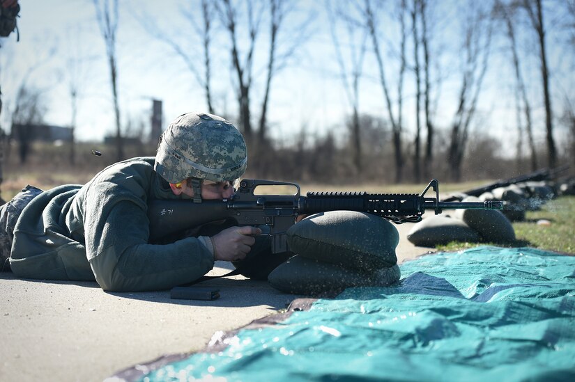 Army Reserve Staff Sgt. David Kukla, operations sergeant assigned to the 85th Support Command headquarters, qualifies with an M-16 rifle during a unit individual marksmanship qualification, Apr. 1, 2017. Kukla is and Engagement Skills Trainer 2000 instructor for the command. The EST-2000 is a state-of-the-art marksmanship simulator that enhances Soldier qualification performance ahead of live-fire qualifications. Kukla qualified hitting 38 out of 40 targets. 100 percent of the command’s headquarters staff qualifying on the M-16 achieved success.
(U.S. Army Reserve photo by Sgt. Aaron Berogan)