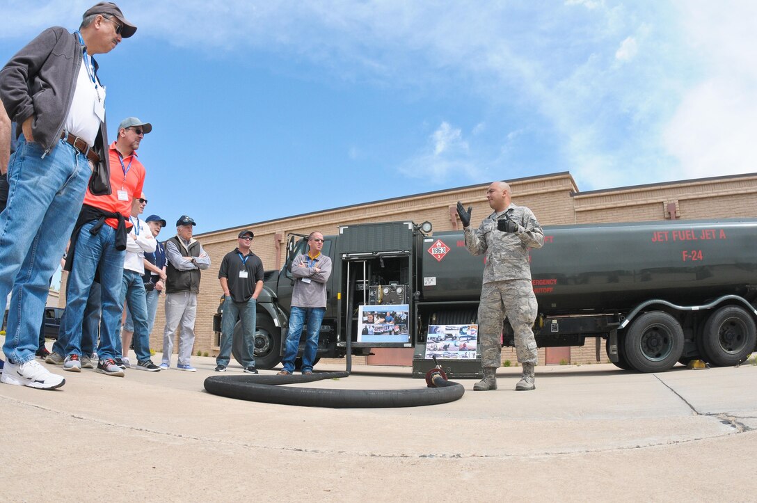 Tech. Sgt. Christopher Saenz, 944th Logistics Readiness Squadron fuels technician, briefs civilian employers on his Air Force Reserve Command occupation Apr. 1 during Bosses Day 2017 at Luke Air Force Base, Ariz. (U.S. Air Force photo by Tech. Sgt. Nestor Cruz.)