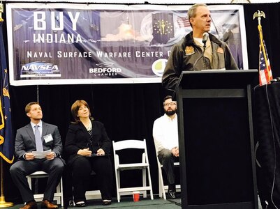 170404-N-EJ140-004 - NSWC Crane Commanding Officer Capt. JT Elder addresses to crowd of vendors at #BuyIndiana in French Lick.