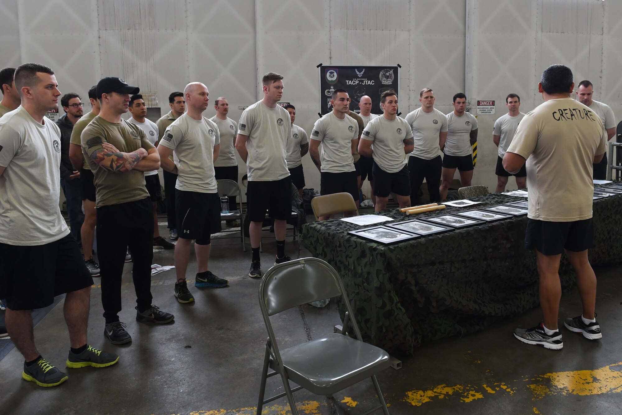 Members of the 3rd Air Support Operations Squadron participate in the annual 24-hour run challenge in Hangar 5 at Joint Base Elmendorf-Richardson, Alaska, March 30, 2017. During the challenge, at least one tactical air control party member ran at any point during the 24 hours. The TACP Airmen also passed a baton listing the names of fallen TACP Airmen to ensure those who made the ultimate sacrifice are never forgotten. 