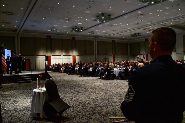 Master Sgt. Jeremy Utphall, 307th Logistics Readiness Squadron first sergeant, waits for his cue to begin a drumroll during an awards ceremony at the 307th Bomb Wing’s 75th Anniversary and Awards Gala at the Shreveport Convention Center April 1, 2017. Attendees included alumni and veterans that have been a part of the 307th’s history dating back to World War II. (U.S. Air Force photo by Master Sgt. Dachelle Melville/Released)