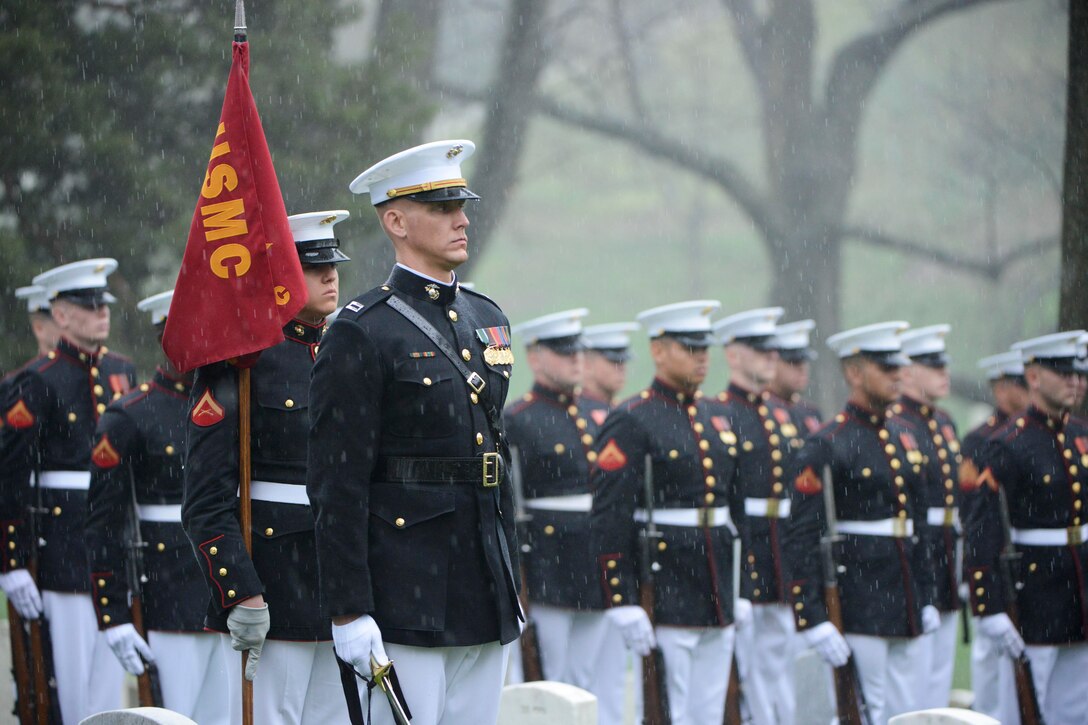 Marines assigned to Marine Barracks Washington participate in the graveside service for John Glenn in Section 35 of Arlington National Cemetery in Arlington, Va, April 6, 2017. Glenn, a Marine who became the first American astronaut to orbit the Earth and later a United States senator, died Dec. 8, 2016. Army photo by Rachel Larue