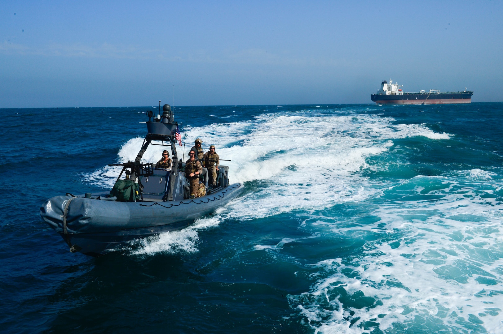 KUWAIT - A U.S. Navy special warfare combatant craft crew returns from a simulated mission to recover a hijacked tanker Apr 3, in Kuwait territorial waters as part of exercise Eagle Resolve 2017. (U.S. Army Photo by Master Sgt. Timothy Lawn)