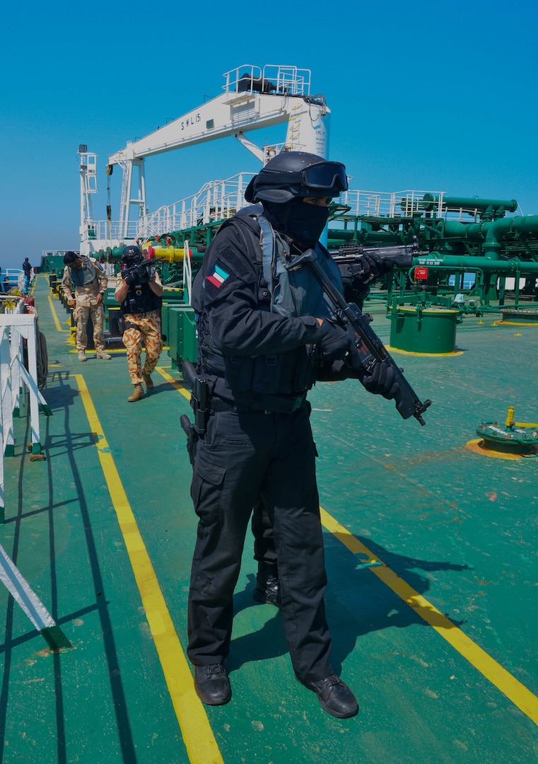 KUWAIT - Gulf Cooperation Council special operations forces conduct a simulated search and seizure of the hijacked oil tanker, the Hadiyah, April 3, in Kuwait territorial waters as part of exercise Eagle Resolve 2017. (U.S. Army Photo by Master Sgt. Timothy Lawn)