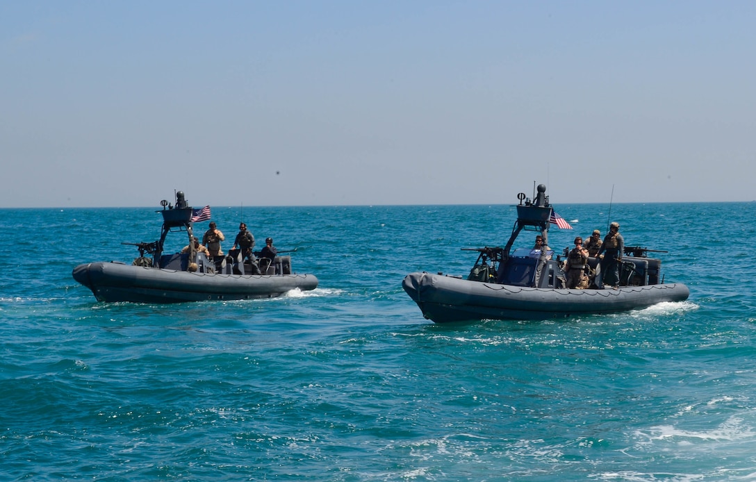 KUWAITI T - Elite military special operations forces from the Gulf Cooperation Council,  and the U.S. conducted a simulated rapid response to the hijacking of the motor tanker, or oil tanker, the Hadiyah, April 3, in Kuwait territorial waters. 
Special forces teams from the GCC, and U.S. Naval Special Warfare and rigid-hull inflatable boat teams simulated an air and sea-borne rapid insertion, search and seizure of the occupied tanker and its hijackers, and the safe release of the tanker crewmen.
The raid was a cumulative joint exercise that tested the participants’ tactical skills and abilities to operate cohesively in an operational mission with our GCC partner nations. 
Exercise Eagle Resolve is the premier U.S. multilateral exercise within the Arabian Peninsula. Since 1999, Eagle Resolve has become the leading engagement between the U.S. and GCC nations to collectively address the regional challenges associated with asymmetric warfare in a low-risk setting.