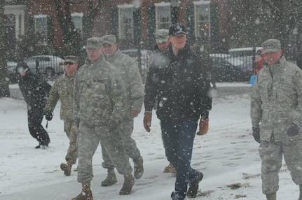 Air Force Gen. Joseph Lengyel, far right, in Salem, Mass., to commemorate the First Muster which led to creation of the National Guard. Lengyel, chief of the National Guard Bureau, joined Soldiers and officials April 1, 2017, to honor the muster in 1637.