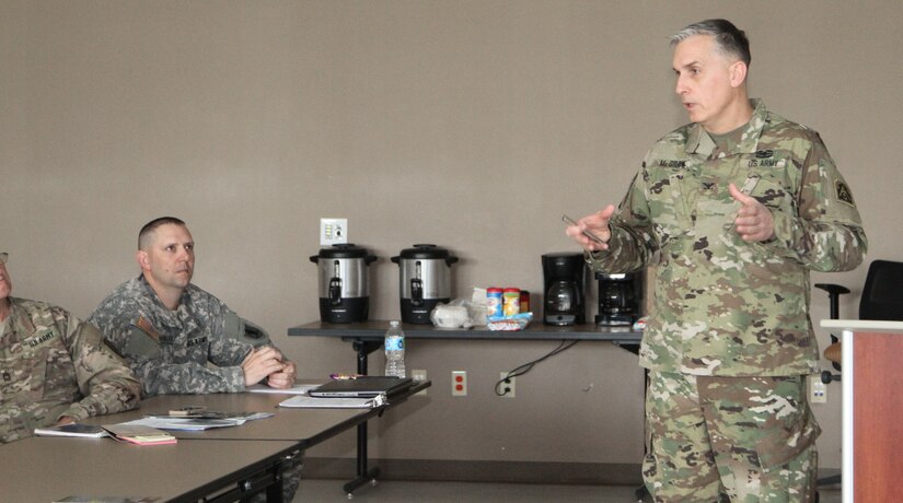 Col. Eric McGraw, the chief Regional Emergency Preparedness Liaison Officer with the Federal Emergency Management Agency-Region VII Defense Coordinating Element, gives a presentation as part of the Defense Support of Civil Authorities workshop held in Belton, Mo., on April 1, 2017. (U.S. Army Reserve photo by Spc. Christopher A. Hernandez, 345th Public Affairs Detachment)