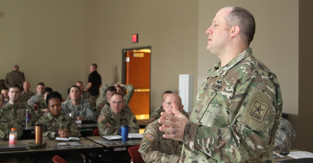 Maj. Jim Elliott, the Critical Infrastructure Risk Management Program Manager of the National Guard Bureau, discusses key points with the audience as part of the Defense Support of Civil Authorities workshop in Belton, Mo., on April 1, 2017. (U.S. Army Reserve photo by Spc. Christopher A. Hernandez, 345th Public Affairs Detachment)