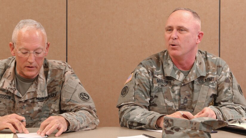 Lt. Col. Gary Goodson (left) from the 824th Quartermaster Company out of Fayetteville, N.C., work together with Master Sgt. Justin Maloney (right) from the 89th Sustainment Brigade out of Kansas City, Mo., as part of the Defense Support of Civil Authorities held in Belton, Mo., on April 2, 2017. (U.S. Army Reserve photo by Spc. Christopher A. Hernandez, 345th Public Affairs Detachment)