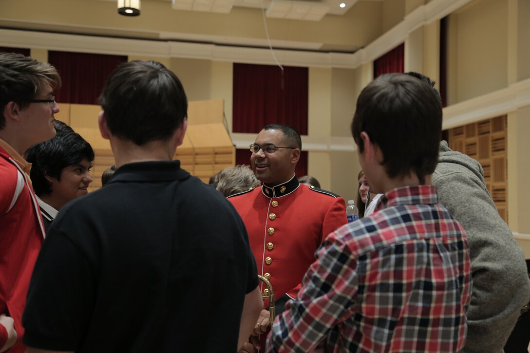 On April 2, 2017, members of the Marine Band and Marine Chamber Orchestra performed a chamber series concert in John Philip Sousa Band Hall at the Marine Barracks Annex. Following the concert, members spent time with students from North Oconee High School from Bogart, Ga. (U.S. Marine Corps photo by Gunnery Sgt. Rachel Ghadiali/released) 