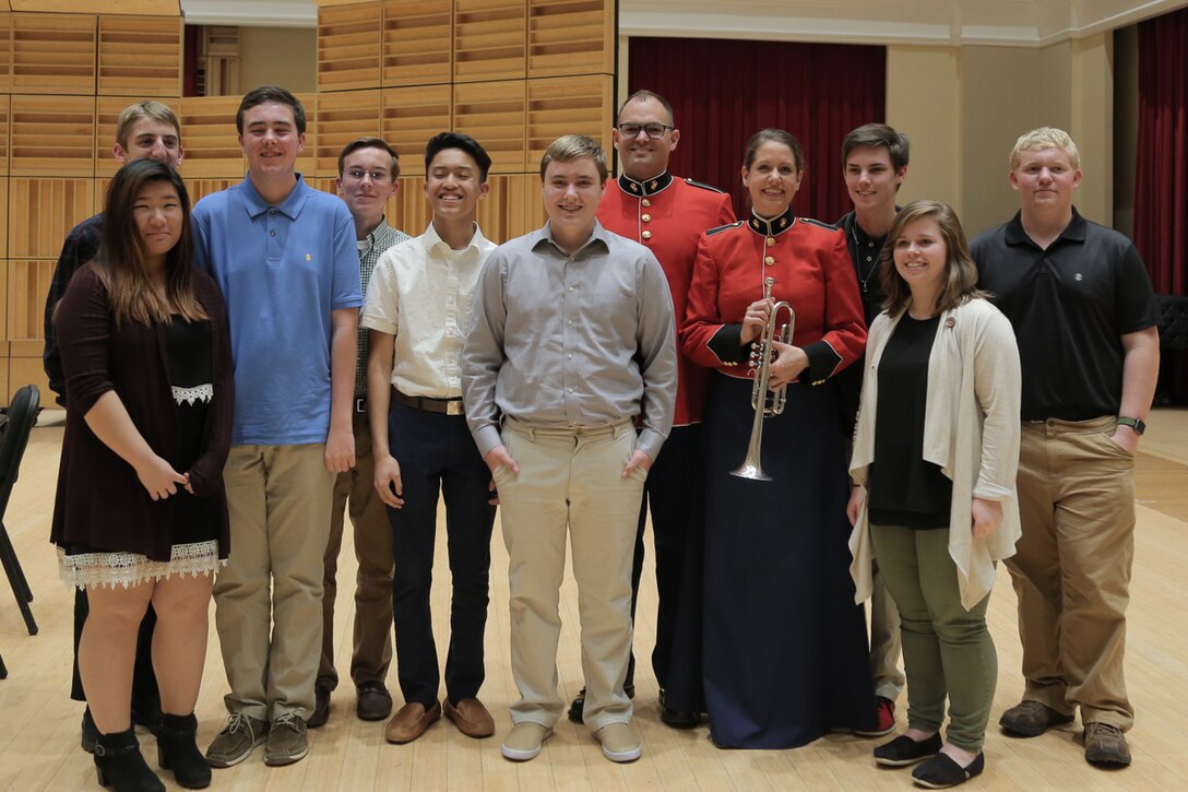 On April 2, 2017, members of the Marine Band and Marine Chamber Orchestra performed a chamber series concert in John Philip Sousa Band Hall at the Marine Barracks Annex. Following the concert, members spent time with students from North Oconee High School from Bogart, Ga. (U.S. Marine Corps photo by Gunnery Sgt. Rachel Ghadiali/released) 