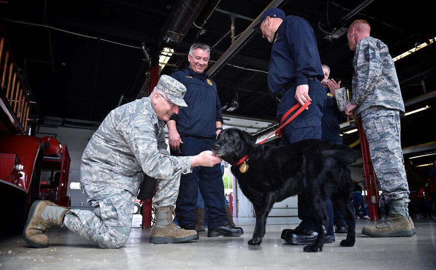 Col. Jonathan Philebaum, commander, 932nd Airlift Wing, meets Chewy, a working fire dog with the Belleville Fire Department during the 5th annual open house at the Belleville fire station, April 1, 2017, Belleville, Illinois. Chewy is a fire accelerant detecting canine with 8 years of service.  (U.S. Air Force Photo by Tech. Sgt. Christopher Parr)