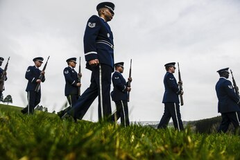 Honor guardsmen from Spangdahlem Air Base, Germany march during a ceremony to honor the Wereth 11 in Wereth, Belgium, March 24, 2017. The ceremony was held to recognize 11 African American soldiers, now known as the Wereth 11, who were tortured and executed by the Nazi SS, an elite guard, Dec. 17, 1944, in Wereth. (U.S. Air Force photo/Tech Sgt. Sara Keller)
