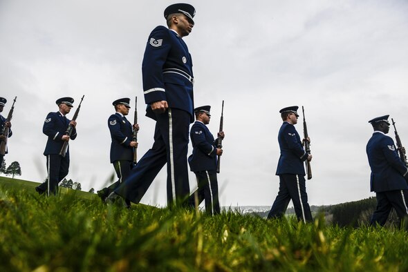 Honor guardsmen from Spangdahlem Air Base, Germany march during a ceremony to honor the Wereth 11 in Wereth, Belgium, March 24, 2017. The ceremony was held to recognize 11 African American soldiers, now known as the Wereth 11, who were tortured and executed by the Nazi SS, an elite guard, Dec. 17, 1944, in Wereth. (U.S. Air Force photo/Tech Sgt. Sara Keller)