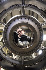 Staff Sgt. James Winn, a 113th Maintenance Squadron aerospace propulsion technician, performs phase maintenance on the fan frame of an F-16 Fighting Falcon engine at Joint Base Andrews, Md., March 27, 2017. The F-16 must go through different inspections to ensure the quality and safety of the aircraft for mission readiness. (U.S. Air Force photo/Airman 1st Class Gabrielle Spalding)