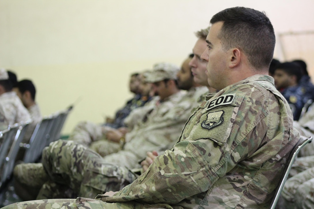 Explosive ordnance disposal specialists, civilians and military engineers from the U.S. and Gulf Cooperation Council nations train on explosive ordnance disposal as part of a joint interoperability exercise for Eagle Resolve 2017 at Camp Arifjan, Kuwait on March 26, 2017. The training, held at the headquarters for the Kuwaiti 94th Al-Yarmouk Mechanized Brigade, was one of several multi-week partnership trainings on asymmetric/unconventional warfare in urban environments. (U.S. Army photo by Staff Sgt. Francis O'Brien)