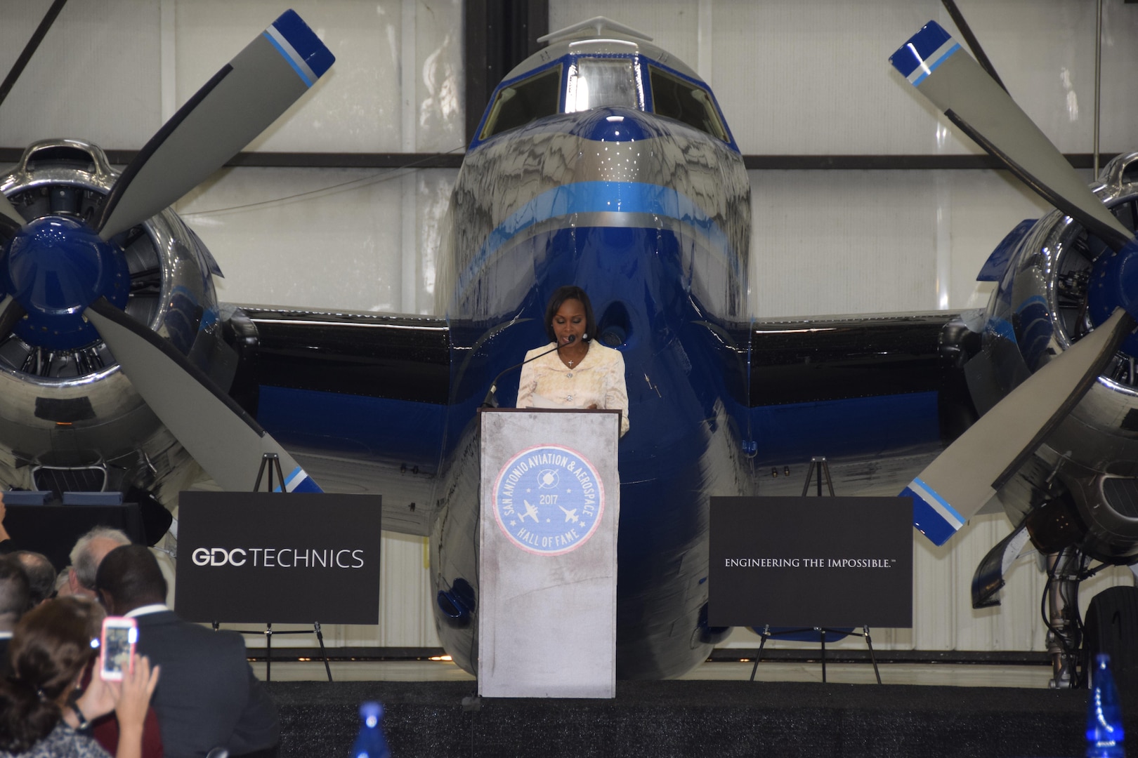 San Antonio Mayor Ivy Taylor speaks at the San Antonio Aviation and Aerospace Hall of Fame awards dinner, March 30, 2017 at the GDC Technics Hanger, Port San Antonio, (formerly Kelly Air Force Base), Texas.
(U.S. Air Force photo by Minnie Jones)
