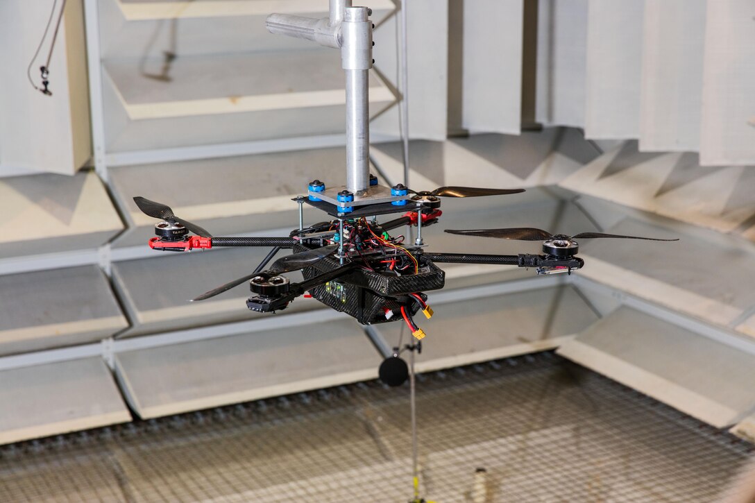A small unmanned aerial system undergoes tests in the Acoustics Laboratory at Owens Corning Science and Technology Center in Granville, Ohio. The Air Force Research Laboratory 711th Human Performance Wing, Airman Systems Directorate, Battlespace Acoustics Branch and Owens Corning have entered into a Cooperative Research and Development Agreement to develop and understand best practices for measuring and labeling the sound produced by small commercial unmanned air systems.  (Courtesy photo / Owens Corning)
