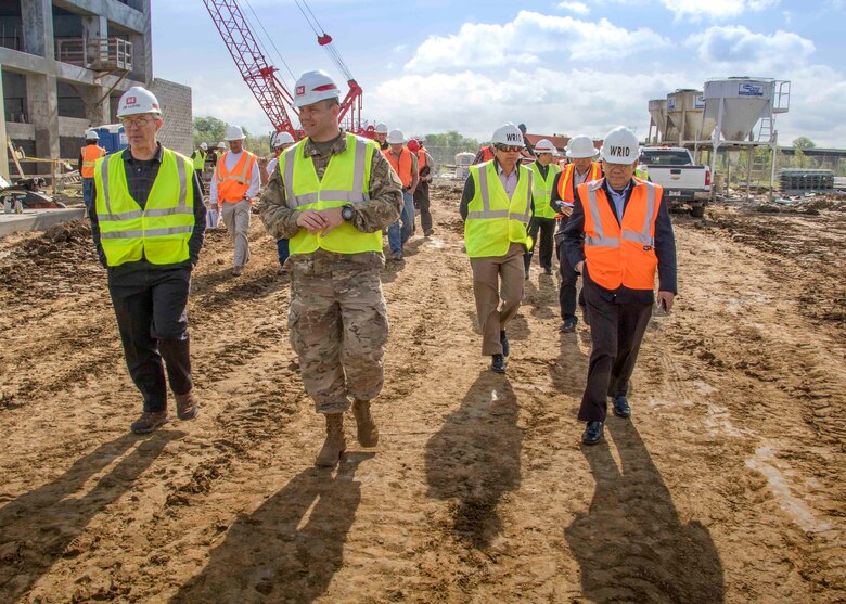 Memphis District commander Col. Mike Ellicott (center in uniform) leads members of the Mekong River Commission on a tour of the Grand Prairie Pumping Station near DuValls Bluff, Ark. The project there will provide new sources of much-needed water for agricultural irrigation.