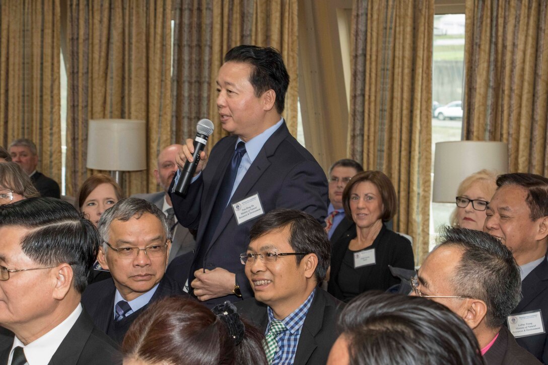 Dr. Tran Hong Ha, Vietnam’s Minister of Natural Resource and Environment, addresses the Mississippi River Commission at their public meeting in Memphis, Tenn., aboard the Motor Vessel Mississippi.

