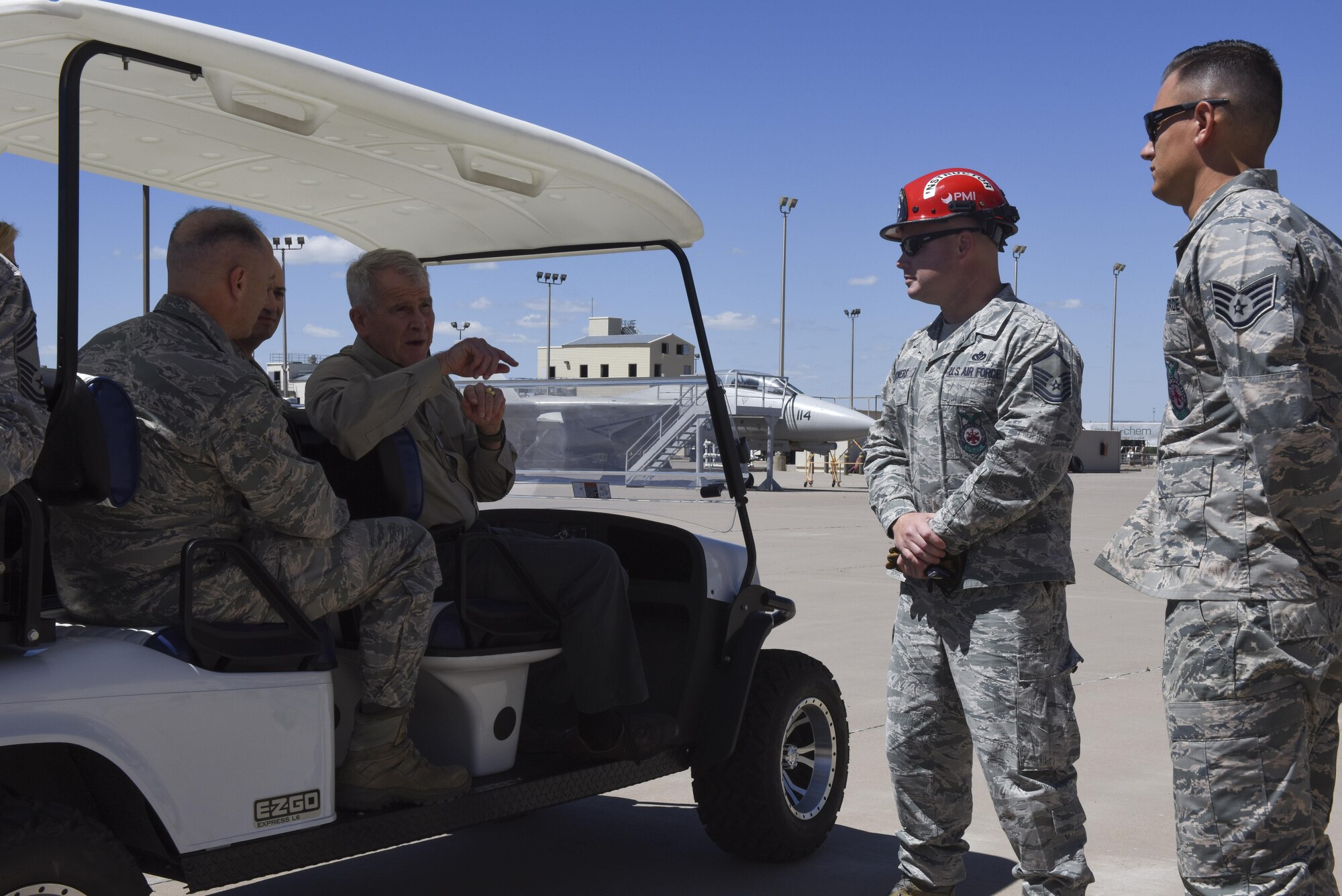 U.S. Marine Corps Lt. Col. (retired) Oliver North, speaks to fire training instructors at the Fire Academy on Goodfellow Air Force Base, Texas, April 5, 2017. North saw different types of training scenarios each student must pass. (U.S. Air Force photo by Airman 1st Class Chase Sousa/Released)