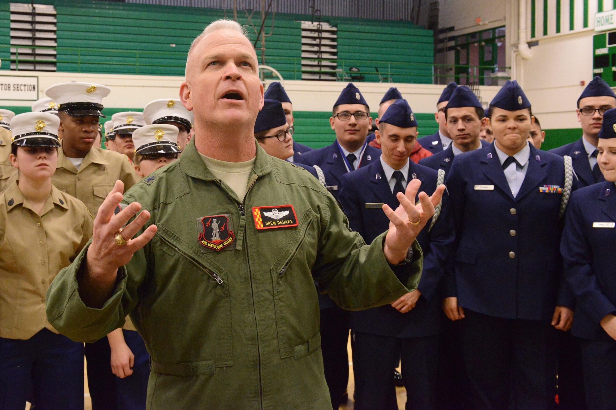 Brig. Gen. Drew Dehaes speaks to the cadets after the JROTC competition at North High School, Des Moines, Iowa on April 1, 2017. Dehaes congratulated them all on their hard work and success and encouraged them to do the same to their families and coaches. (U.S. Air National Guard photo by Airman Katelyn Sprott)