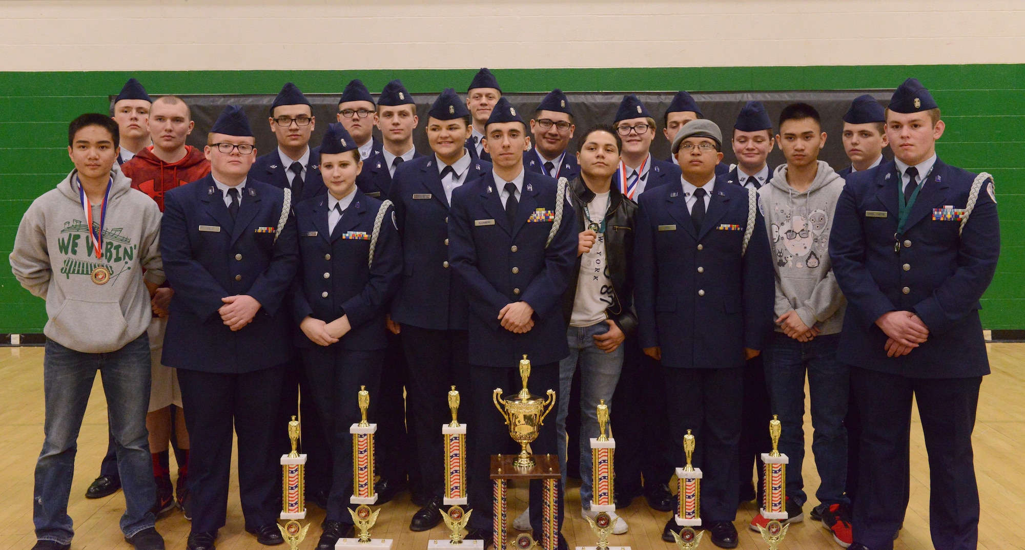 The Sioux City JROTC poses for a photo with their awards after the JROTC competition at North High School, Des Moines, Iowa on April 1, 2017. The Sioux City cadets worked hard throughout the day and succeeded in taking home second place. (U.S. Air National Guard photo by Airman Katelyn Sprott)