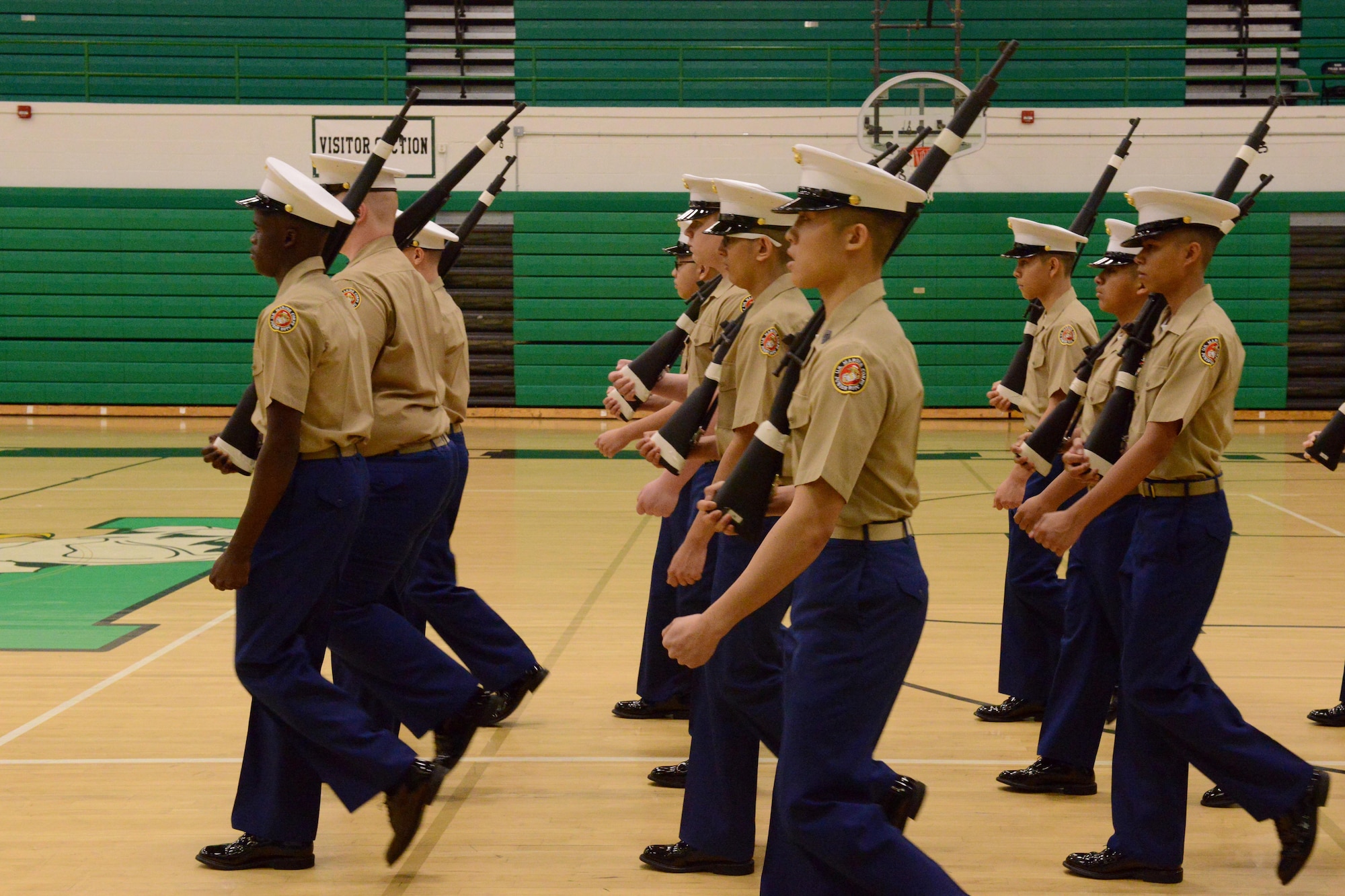 The North High JROTC performs their rifle drill portion of the JROTC competition at North High School, Des Moines, Iowa on April 1, 2017. The North High JROTC received many different awards for their outstanding performances during the day, including the rifle drill. (U.S. Air National Guard photo by Airman Katelyn Sprott)