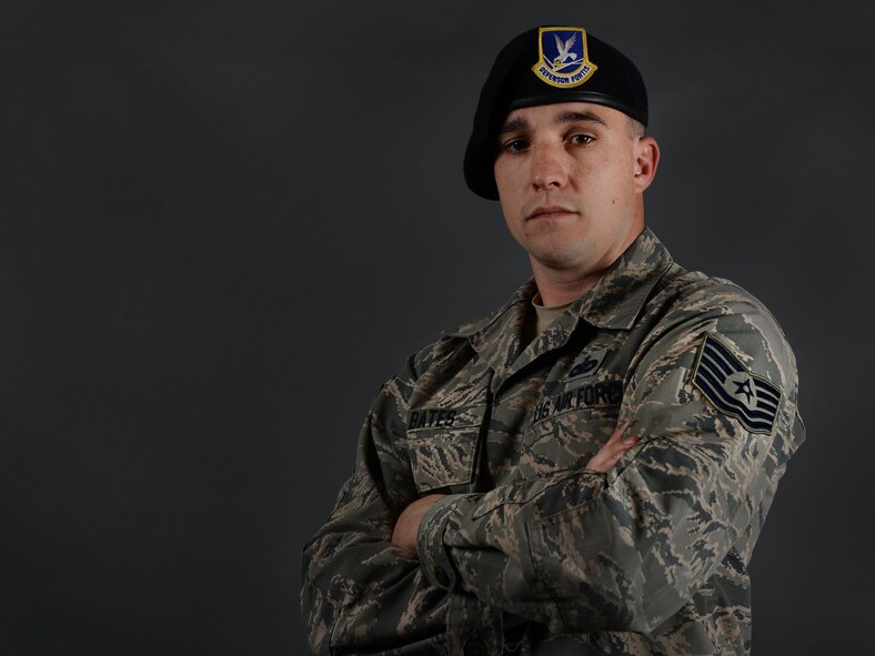 Tech. Sgt. Richard Bates, 47th Security Forces Squadron flight chief, was selected for promotion to Technical Sergeant under the Stripes for Exceptional Performers (STEP) program on Laughlin Air Force Base, Texas, April 1, 2017. Prior to this STEP promotion, Bates was also a Senior Airman Below-the-Zone recipient and a first-time staff sergeant select. (U.S. Air Force photo/Airman 1st Class Benjamin N. Valmoja)