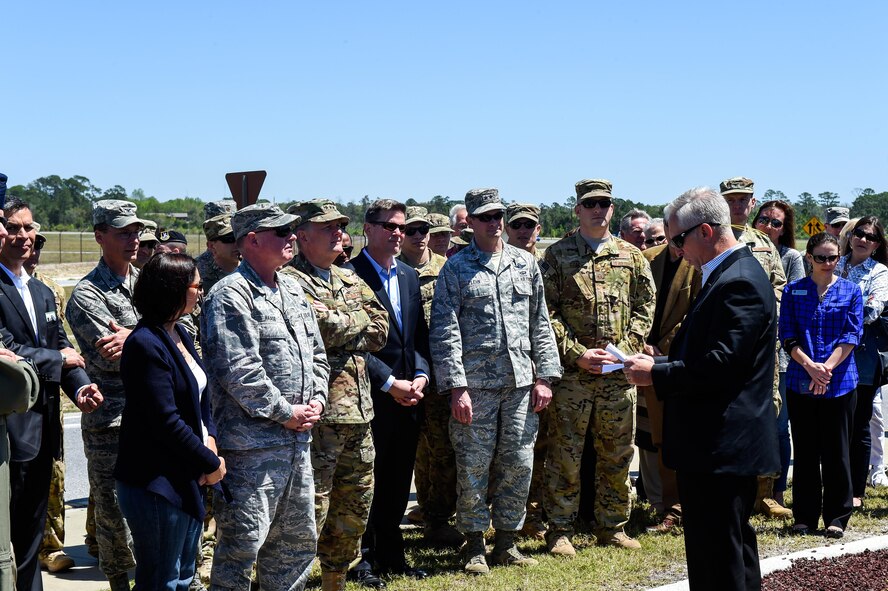 Hank Sanders, Boeing director of special operations forces programs, speaks during the CV-22 Osprey model dedication ceremony at Hurlburt Field, Fla., April 6, 2017. The CV-22 model was donated by the Boeing Company to showcase the capabilities of the CV-22 and to show their appreciation of their partnership with the Air Force. (U.S. Air Force photo by Senior Airman Jeff Parkinson)