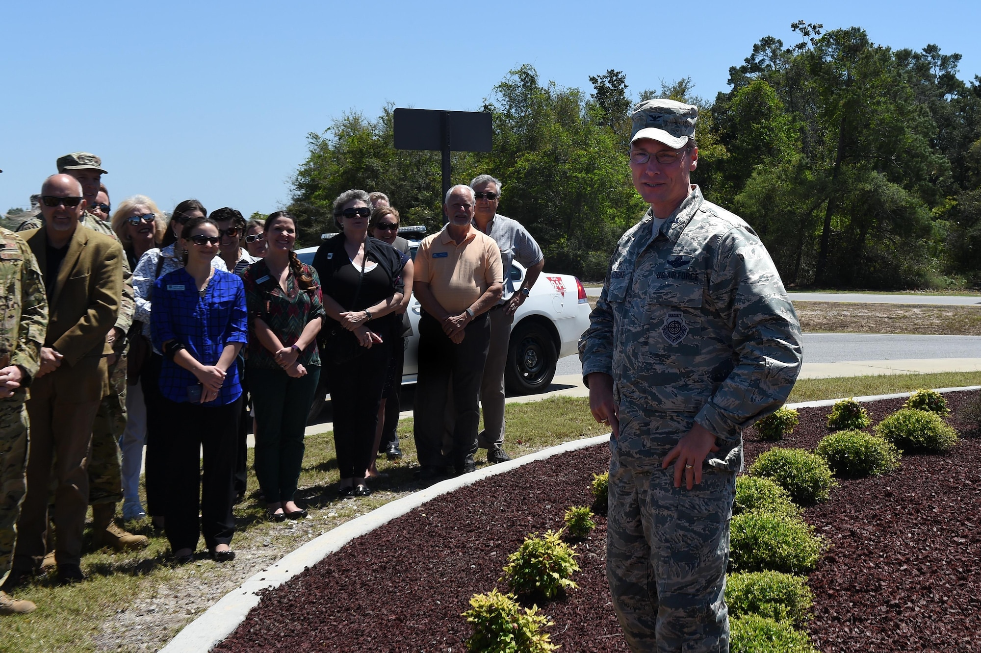 Col. Thomas Palenske, the commander of the 1st Special Operations Wing, speaks during the CV-22 Osprey model dedication ceremony at Hurlburt Field, Fla., April 6, 2017. The CV-22 model, with tail number 0031, was created and installed to memorialize the CV-22 that crashed near Qalat, Afghanistan, April 9, 2010, where two of the crew members lost their lives. (U.S. Air Force photo by Senior Airman Jeff Parkinson)