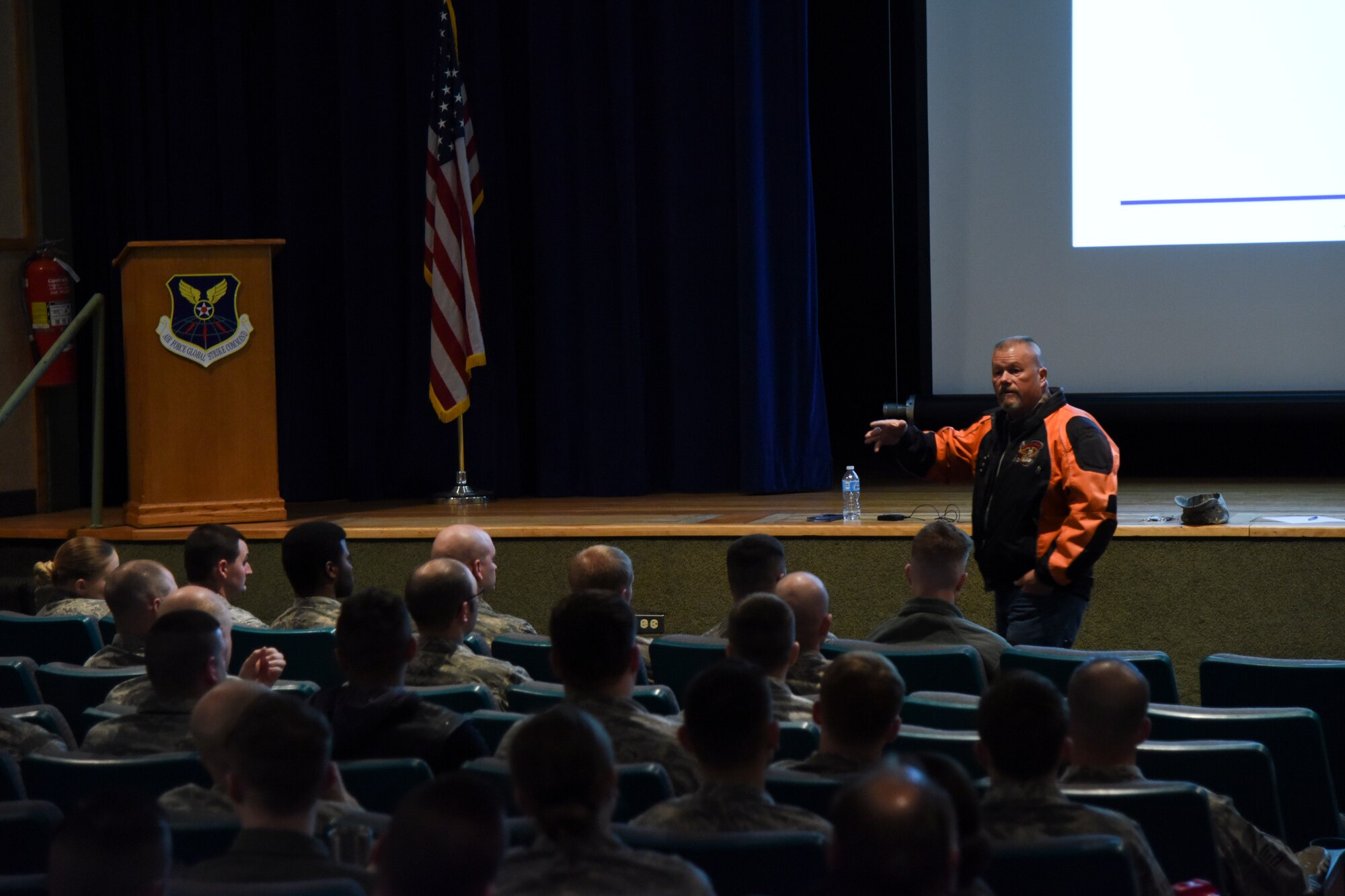 Kelly Nathe, 341st Missile Wing assistant ground safety manager, speaks to motorcycle riders during a wing pre-season safety brief April 6, 2017, at Malmstrom Air Force Base, Mont. The brief kicked off the 2017 season to help get information out to riders. (U.S. Air Force photo/Tech. Sgt. Caleb Pierce)
 
