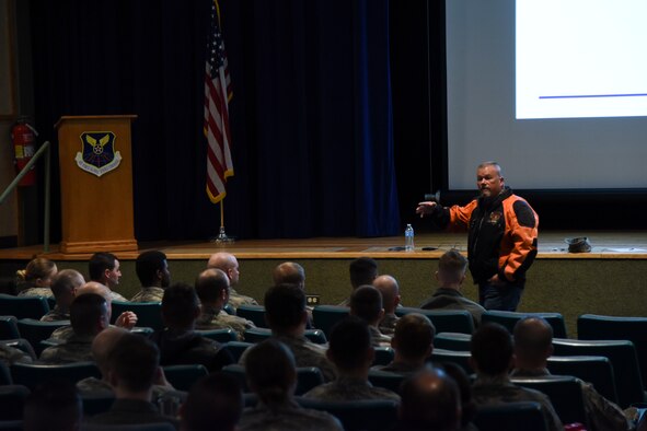 Kelly Nathe, 341st Missile Wing assistant ground safety manager, speaks to motorcycle riders during a wing pre-season safety brief April 6, 2017, at Malmstrom Air Force Base, Mont. The brief kicked off the 2017 season to help get information out to riders. (U.S. Air Force photo/Tech. Sgt. Caleb Pierce)
 
