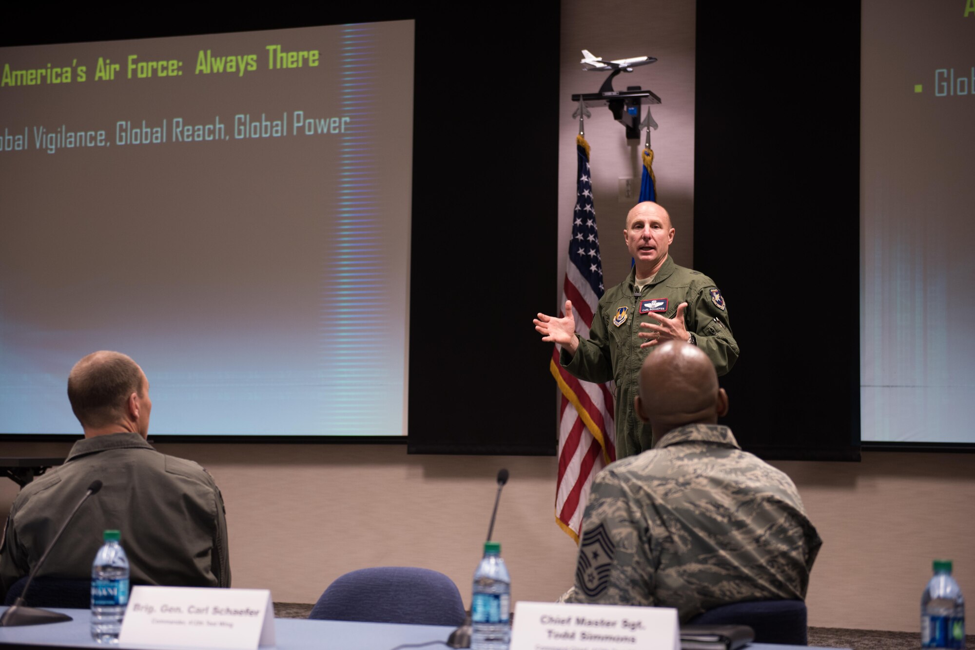 Brig. Gen. Carl Schaefer, 412th Test Wing commander, briefs media and observers on the past, present and future of the 412th Test Wing and Edwards Air Force Base. (U.S. Air Force photo by Joseph Pol Gocong)
