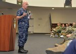 Navy Adm. Kurt W. Tidd, the commander of U.S. Southern Command, addresses an audience of Southcom staff during a commander’s call at the command’s Miami headquarters, Nov. 9, 2016. Southcom photo by Raymond Sarracino