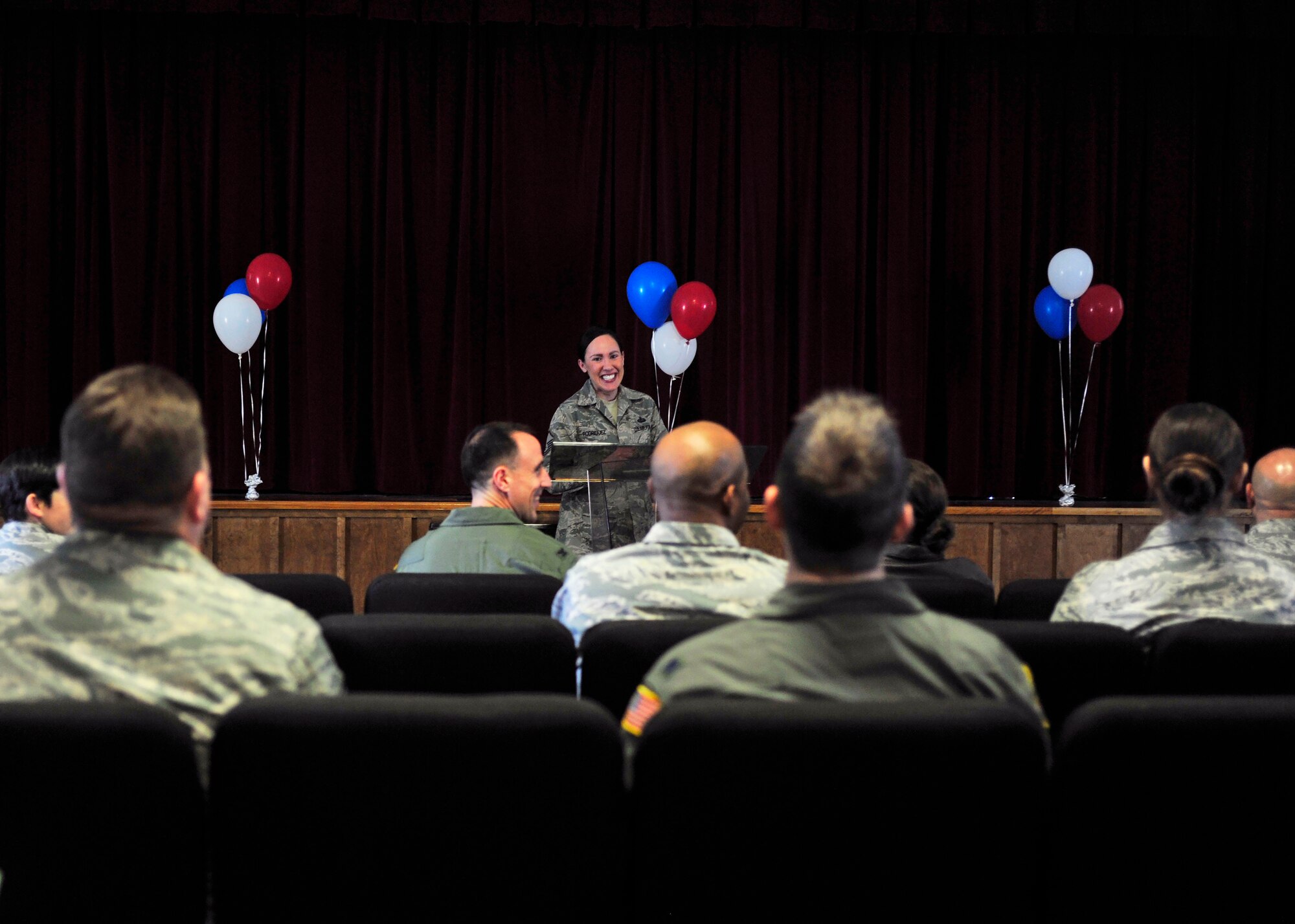 Master Sgt. Kelly Rodriguez, Air Force Assistance Fund primary installation project officer, speaks to members of Team McChord about AFAF at the campaign kick-off event, April 6, 2017 at the McChord Field Chapel Support Center. Donations received throughout the campaign go to charitable affiliates such as the Air Force Aid Society, Air Force Villages Charitable Foundation, the LeMay Foundation and the Air Force Enlisted Village, all of which support Airmen and their families. (U.S. Air Force photo/Staff Sgt. Whitney Amstutz)