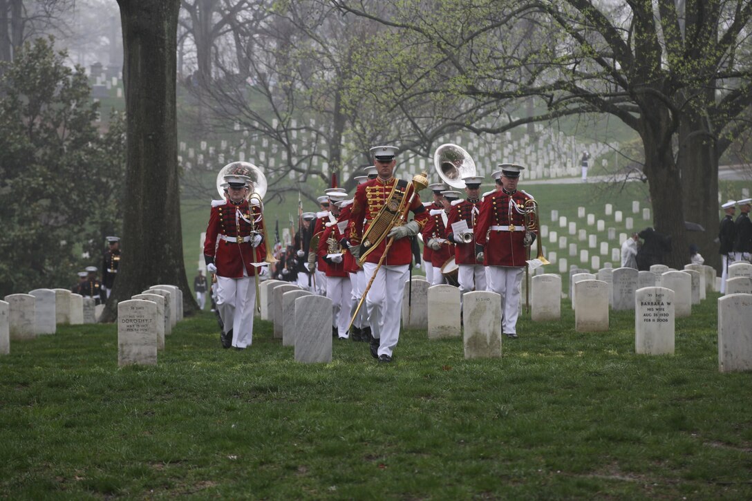 On April 6, 2017, the U.S. Marine Band participated in the funeral for Col. John Glenn, legendary astronaut and former U.S. Senator, at Arlington National Cemetery. (U.S. Marine Corps photo by Master Sgt. Amanda Simmons/released)