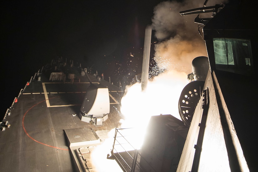 The Arleigh Burke-class guided-missile destroyer USS Ross fires a tomahawk land attack missile while conducting naval operations in the Mediterranean Sea, April 7, 2017. Navy photo by Petty Officer 3rd Class Robert S. Price