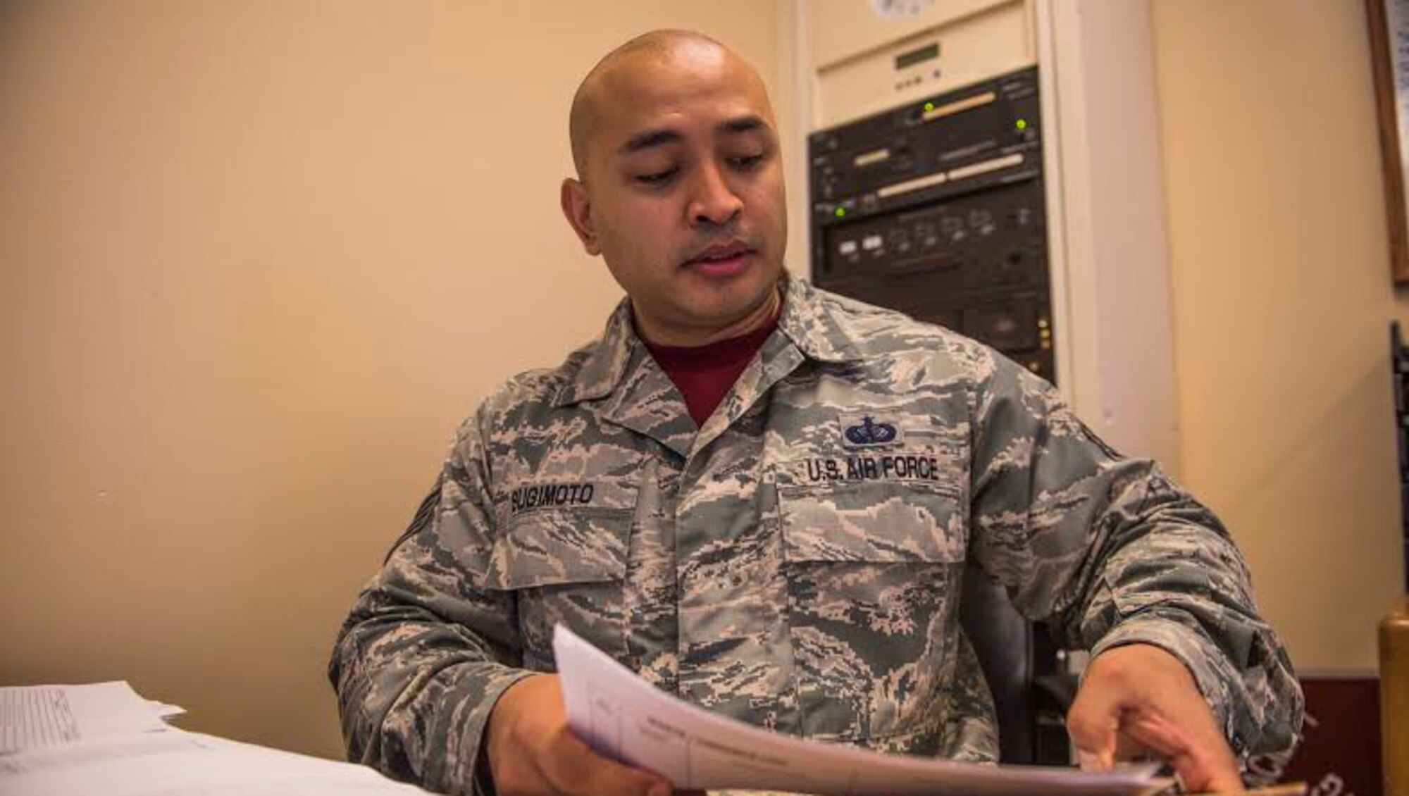U.S. Air Force Staff Sgt. Jason Sugimoto, a food services supervisor from the 18th Force Support Squadron, reviews a production log for the upcoming weeks April 4, 2017, at the Johnson Flight Kitchen on Kadena Air Base, Japan. According to Sugimoto, being a part of the language enabled Airman program is a highly personal experience, leading to good relationships with senior-ranking individuals in both the Japanese and U.S. militaries. (U.S. Air Force photo by Senior Airman Nick Emerick/Released)