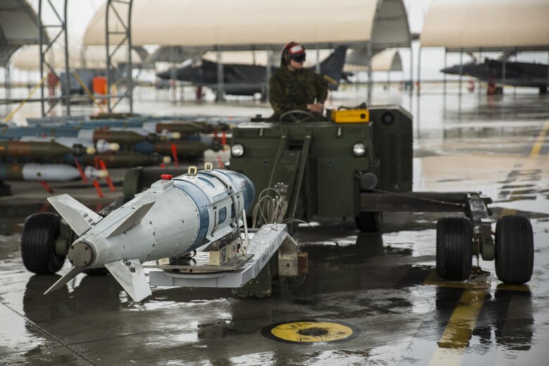 Ordnance sits on a loader during hot-reload training at Marine Corps Air Station Iwakuni, Japan, April 6, 2017. This signified the first time the squadron loaded ordnance onto a running F-35B Lightning II aircraft at the air station in order to prepare for real-world scenarios. (U.S. Marine Corps photo by Lance Cpl. Joseph Abrego)