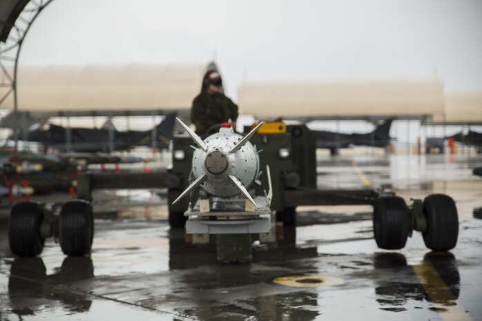 Ordnance sits on a loader during hot-reload training at Marine Corps Air Station Iwakuni, Japan, April 6, 2017. This signified the first time the squadron loaded ordnance onto a running F-35B Lightning II aircraft at the air station in order to prepare for real-world scenarios. (U.S. Marine Corps photo by Lance Cpl. Joseph Abrego)
