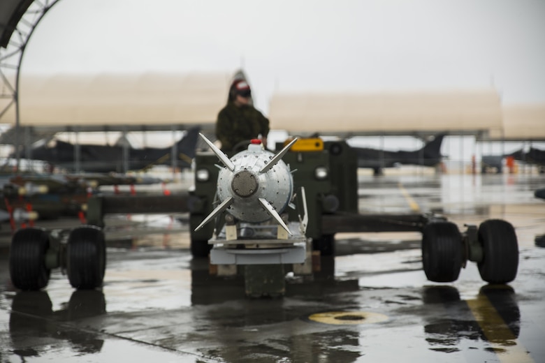 Ordnance sits on a loader during hot-reload training at Marine Corps Air Station Iwakuni, Japan, April 6, 2017. This signified the first time the squadron loaded ordnance onto a running F-35B Lightning II aircraft at the air station in order to prepare for real-world scenarios. (U.S. Marine Corps photo by Lance Cpl. Joseph Abrego)