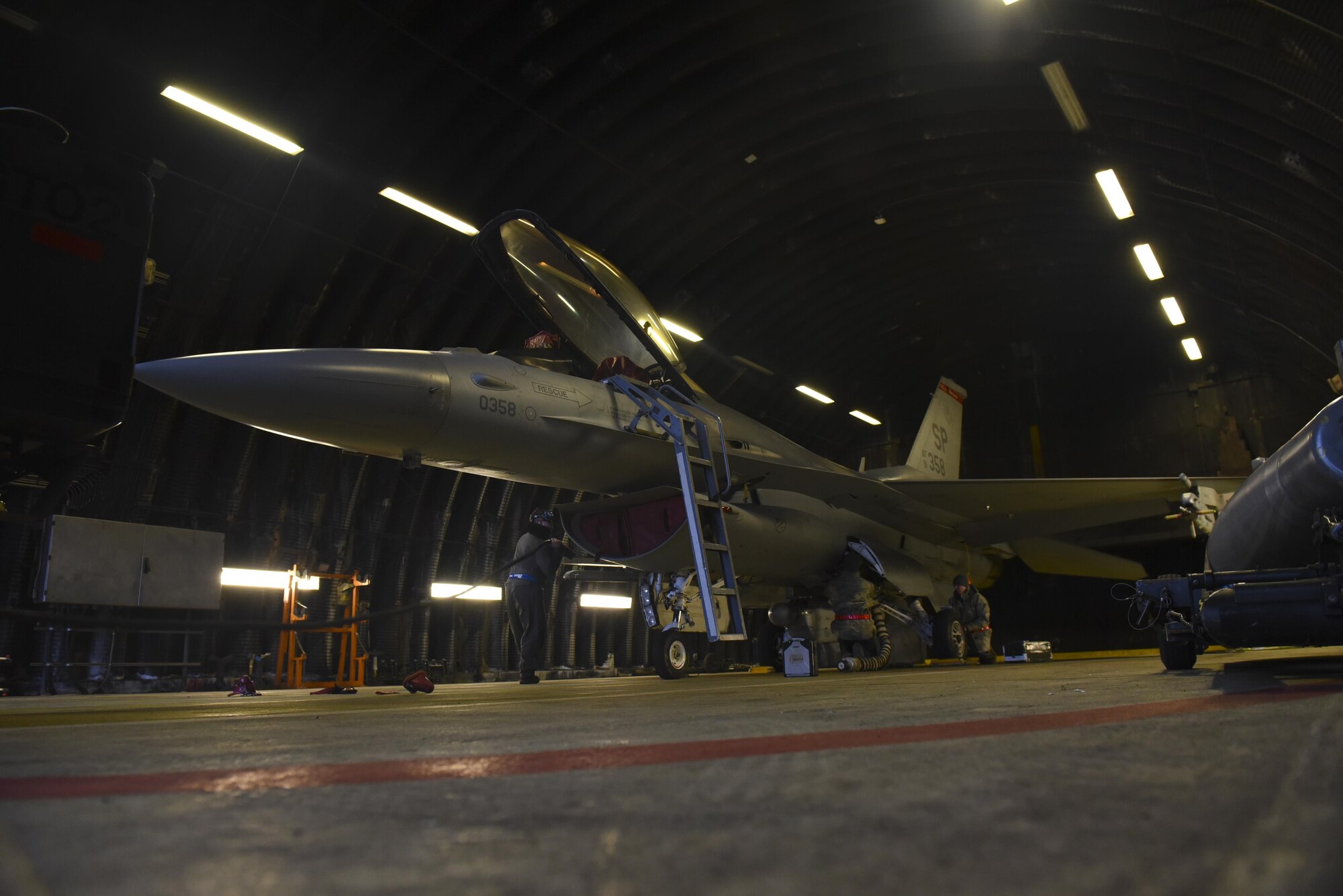 Airmen assigned to the 52nd Maintenance Group prepare an F-16 Fighting Falcon for the annual Combat Shield inspection at Spangdahlem Air Base, Germany, March 23, 2017. A Combat Shield team visited Spangdahlem March 20-24 to evaluate the reliability of several F-16s’ radar threat warning systems and countermeasures. (U.S. Air Force photo by Senior Airman Dawn M. Weber)