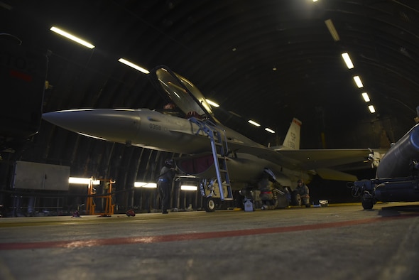 Airmen assigned to the 52nd Maintenance Group prepare an F-16 Fighting Falcon for the annual Combat Shield inspection at Spangdahlem Air Base, Germany, March 23, 2017. A Combat Shield team visited Spangdahlem March 20-24 to evaluate the reliability of several F-16s’ radar threat warning systems and countermeasures. (U.S. Air Force photo by Senior Airman Dawn M. Weber)