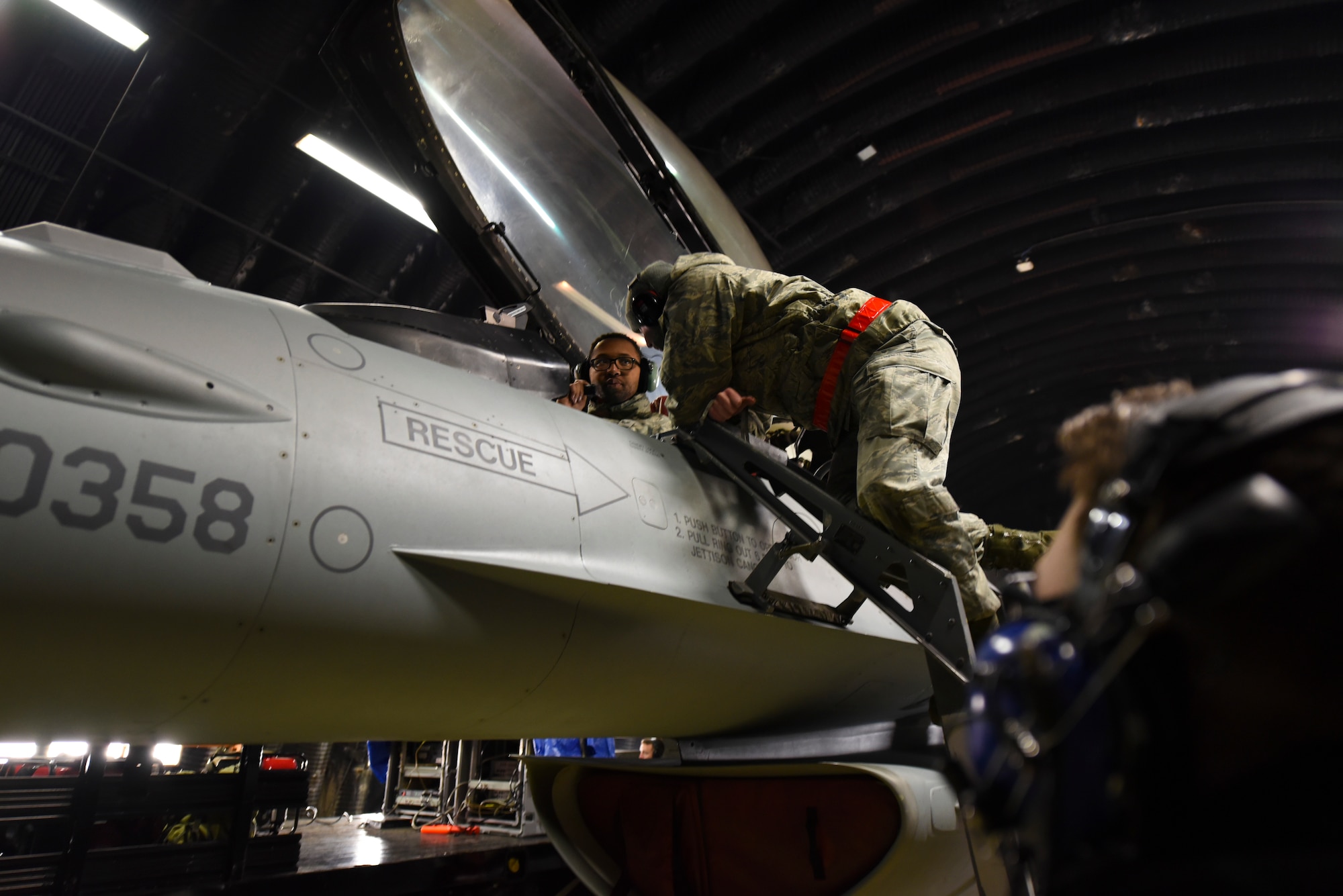 Airmen assigned to the 52nd Maintenance Group prepare an F-16 Fighting Falcon for the annual Combat Shield inspection at Spangdahlem Air Base, Germany, March 23, 2017. A Combat Shield team visited Spangdahlem March 20-24 to evaluate the reliability of several F-16s’ radar threat warning systems and countermeasures. (U.S. Air Force photo by Senior Airman Dawn M. Weber)