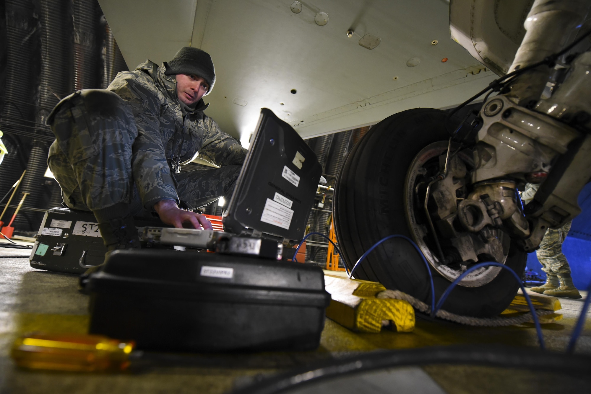 Senior Airman Kyle Richert, 52nd Maintenance Squadron avionics journeyman, monitors diagnostics on an F-16 Fighting Falcon during an annual Combat Shield evaluation at Spangdahlem Air Base, Germany, March 23, 2017. A Combat Shield team visited Spangdahlem March 20-24 to evaluate the reliability of several F-16s’ radar threat warning systems and countermeasures. (U.S. Air Force photo by Staff Sgt. Jonathan Snyder)